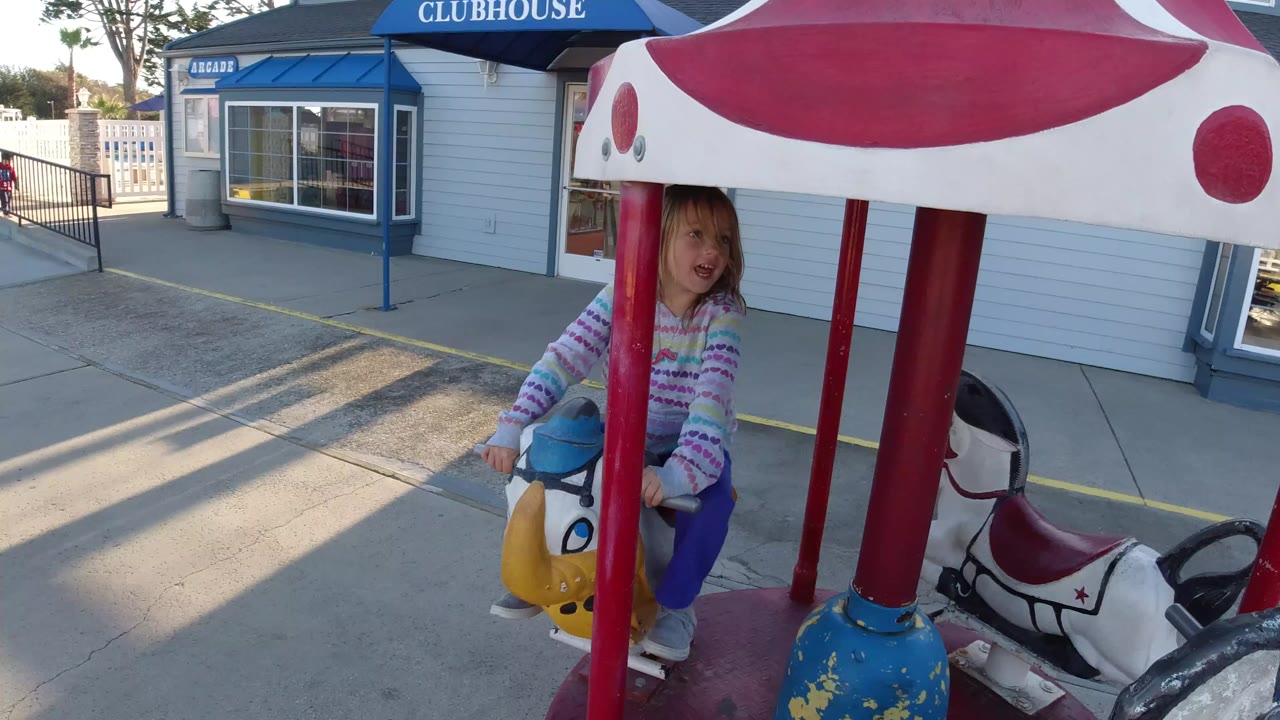 Girl on carousel ride with a horse figure beside her.