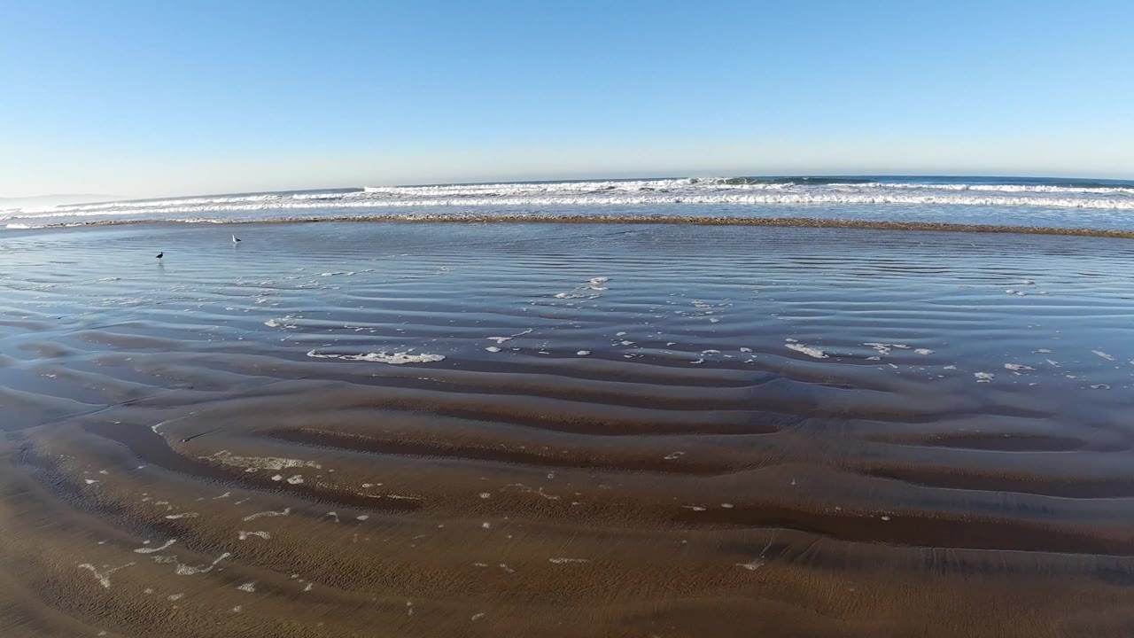 Pismo Beach wet shoreline stretches wide in this frame, with shallow wave wash across the sand, white surf beyond, and no visible people.