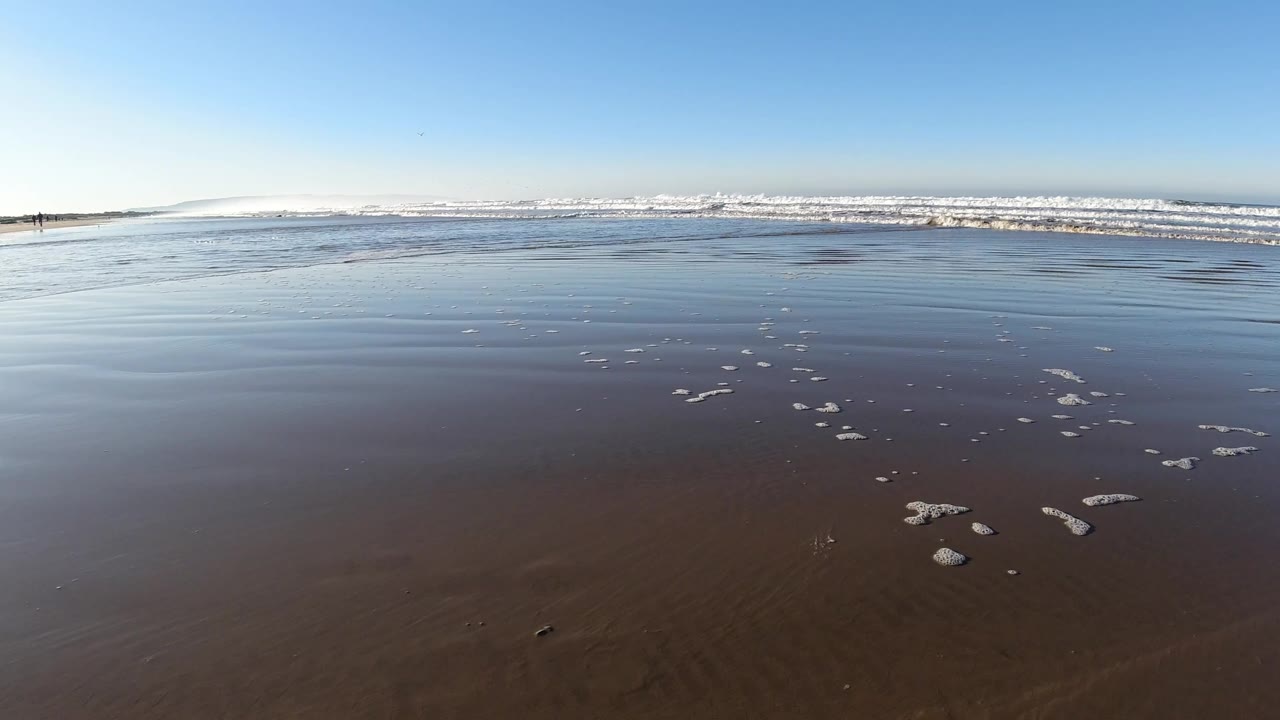 Pismo Beach wet sand reflects the blue sky as small white sea foam patches sit in the foreground and waves break far offshore, with no visible people.