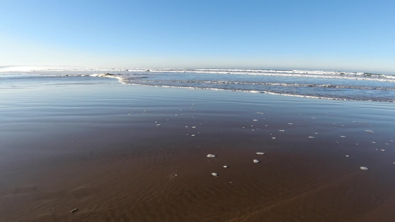 Pismo Beach at 0:03 shows a flatter view of shallow water over sand with the white wave band stretching across the background and no visible people.