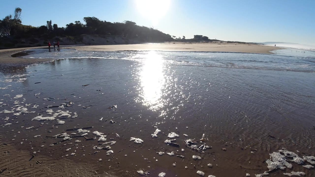 A wide view of Pismo Beach, California shows the sun path across shallow water, a sandy bar to the right, dark dunes and trees to the left, and tiny distant beachgoers near the left side.
