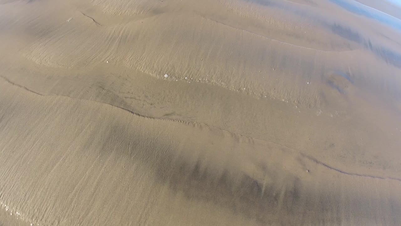 Overhead aerial view of tan cracked ground in Pismo Beach, California, with fine rippled sand texture, dark branching lines, and no visible people.