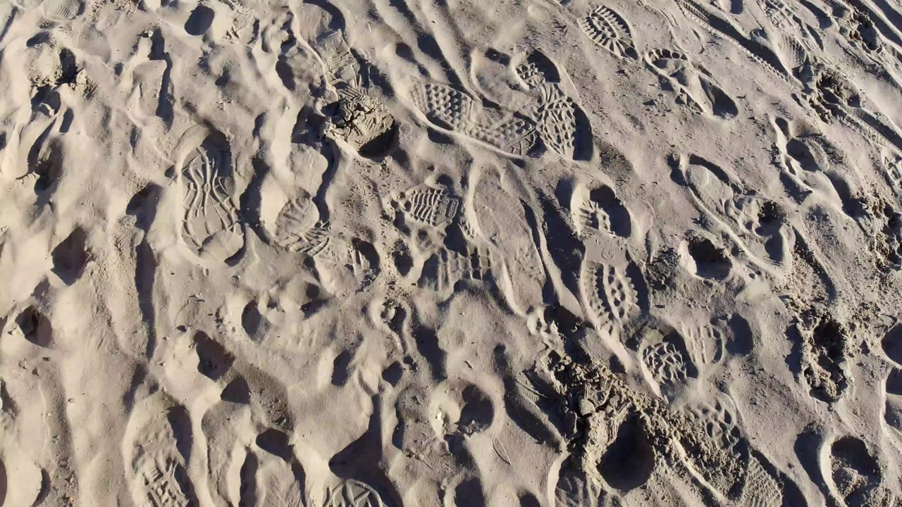 Overhead beach sand with footprints and tread marks.