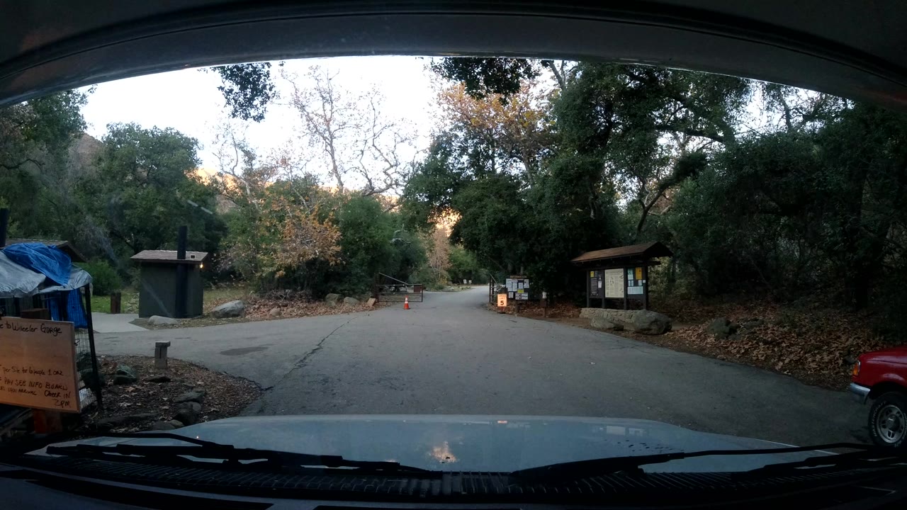 Central Coast California vehicle POV looking down a paved road bordered by trees, signs, bins, dry leaves, and no visible people.
