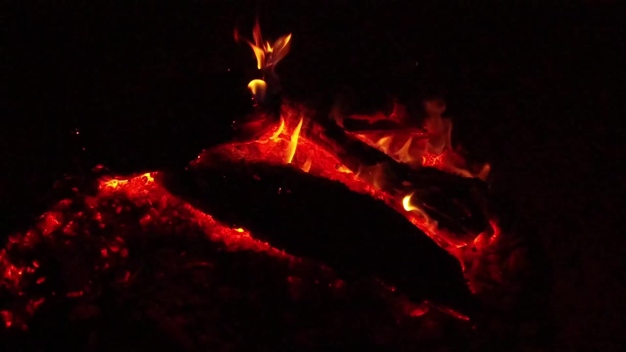 Red coals and a dark burning log with a small flame above it.