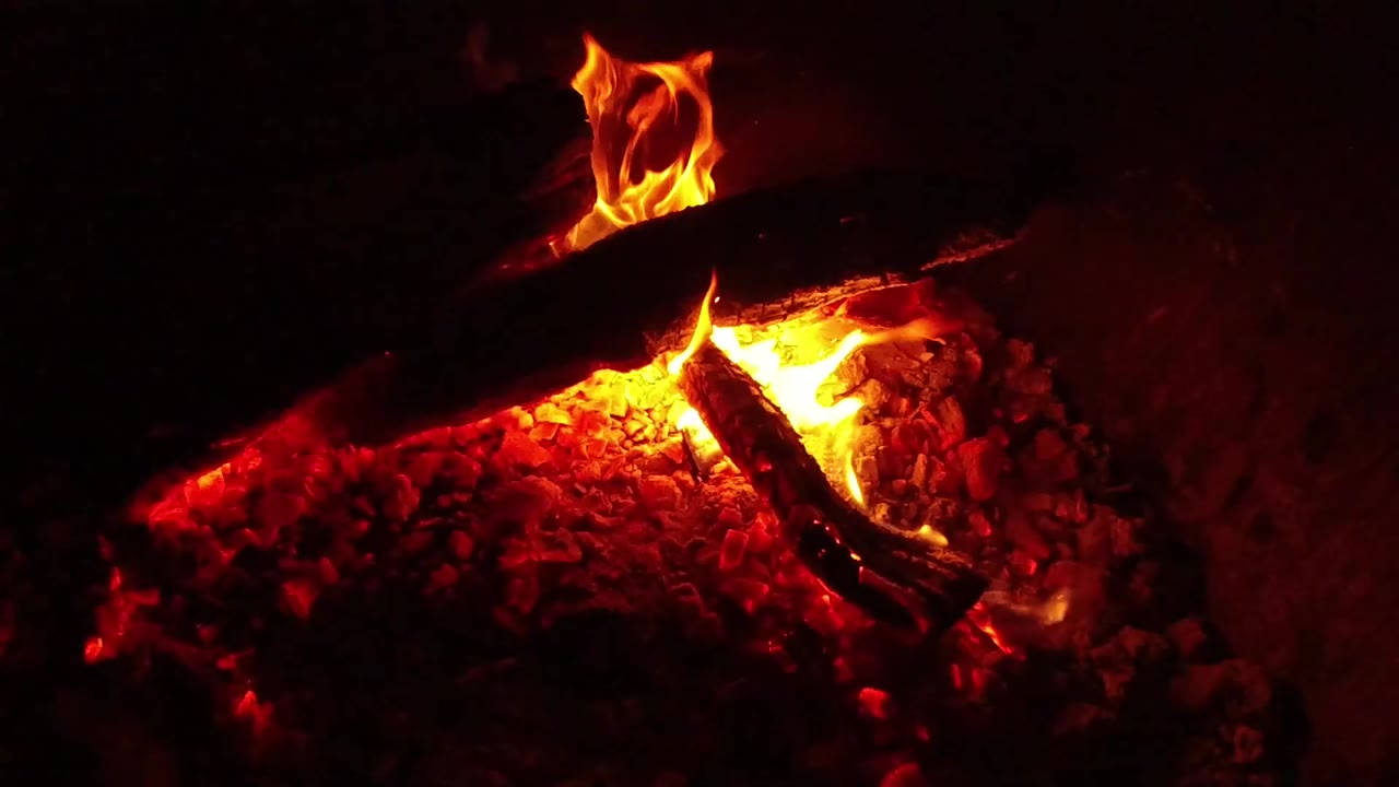 Flames rise behind a dark log above coals.
