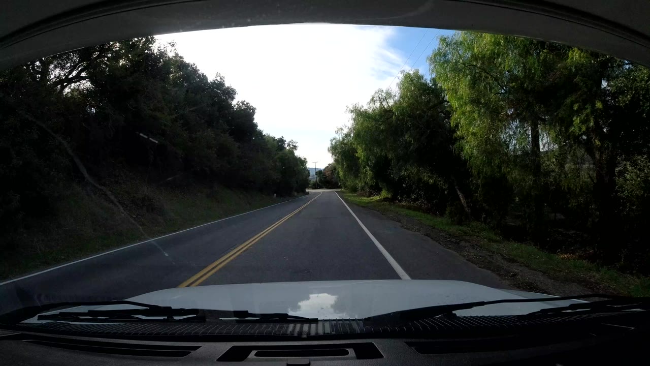 Vehicle-mounted view down a straighter Ojai, California road with double yellow lines, dense trees along the right shoulder, low hills in the distance, and no visible people.