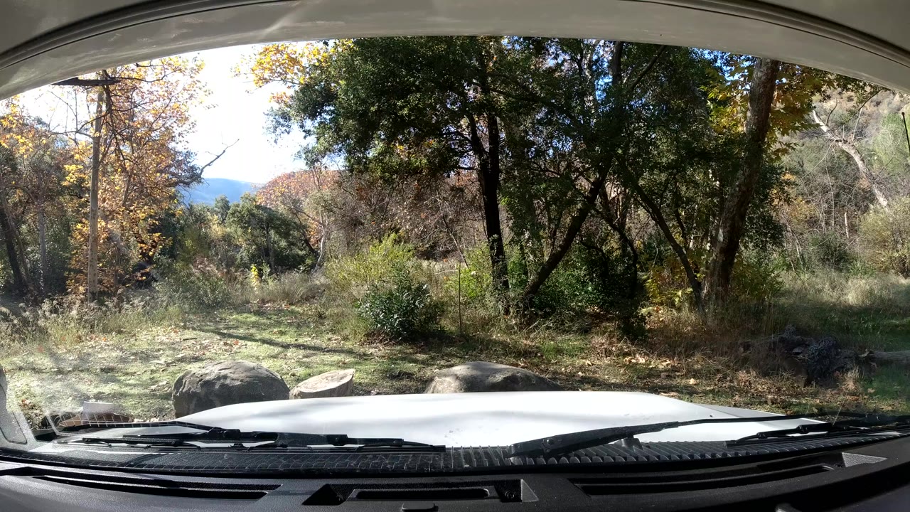 Second frame shows the stationary car interior framing Ojai trees, low rocks, dry grass, and a bright opening in the background, with no visible people.
