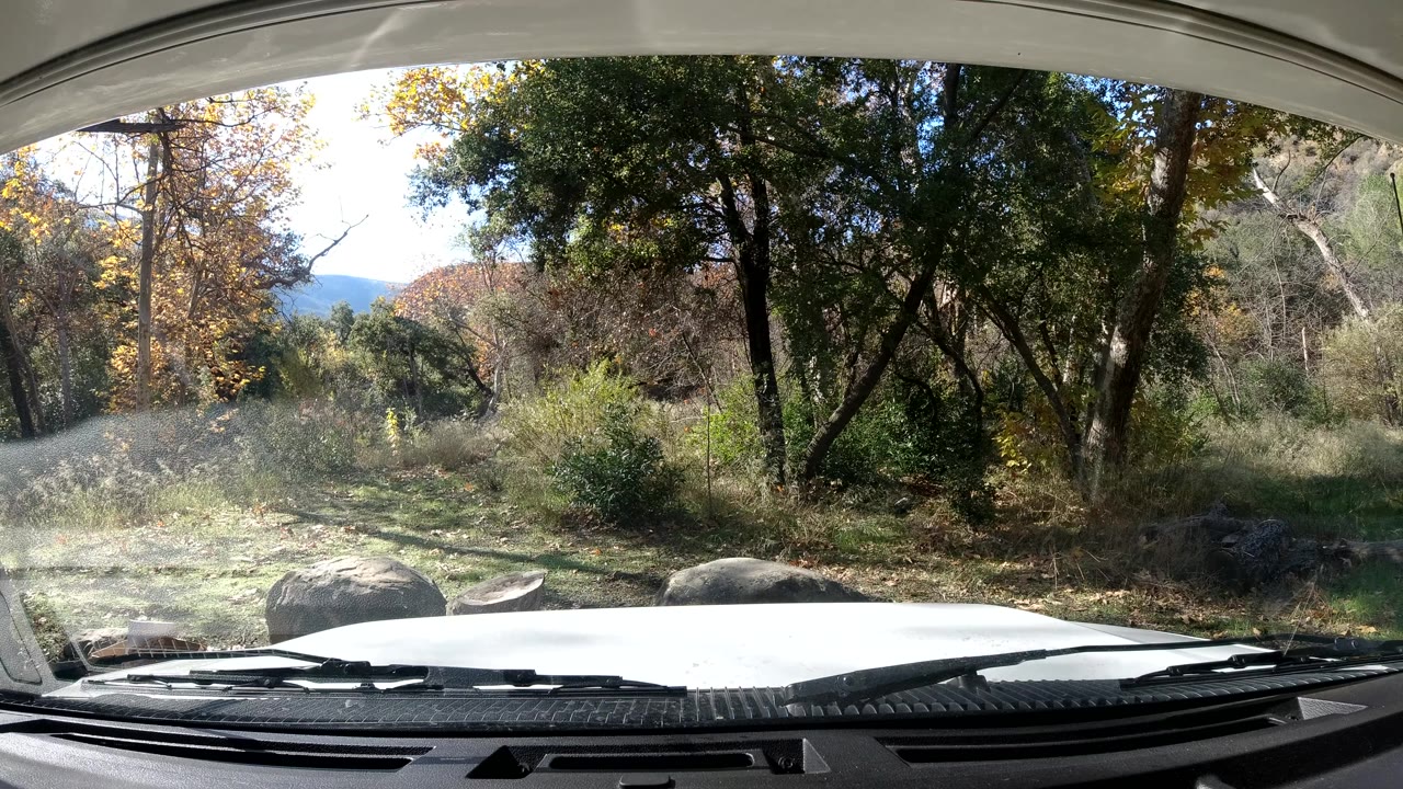 Fourth Ojai, California frame with the windshield arch overhead, white hood below, tall trees across the center, sunlit brush at left, and no visible people.