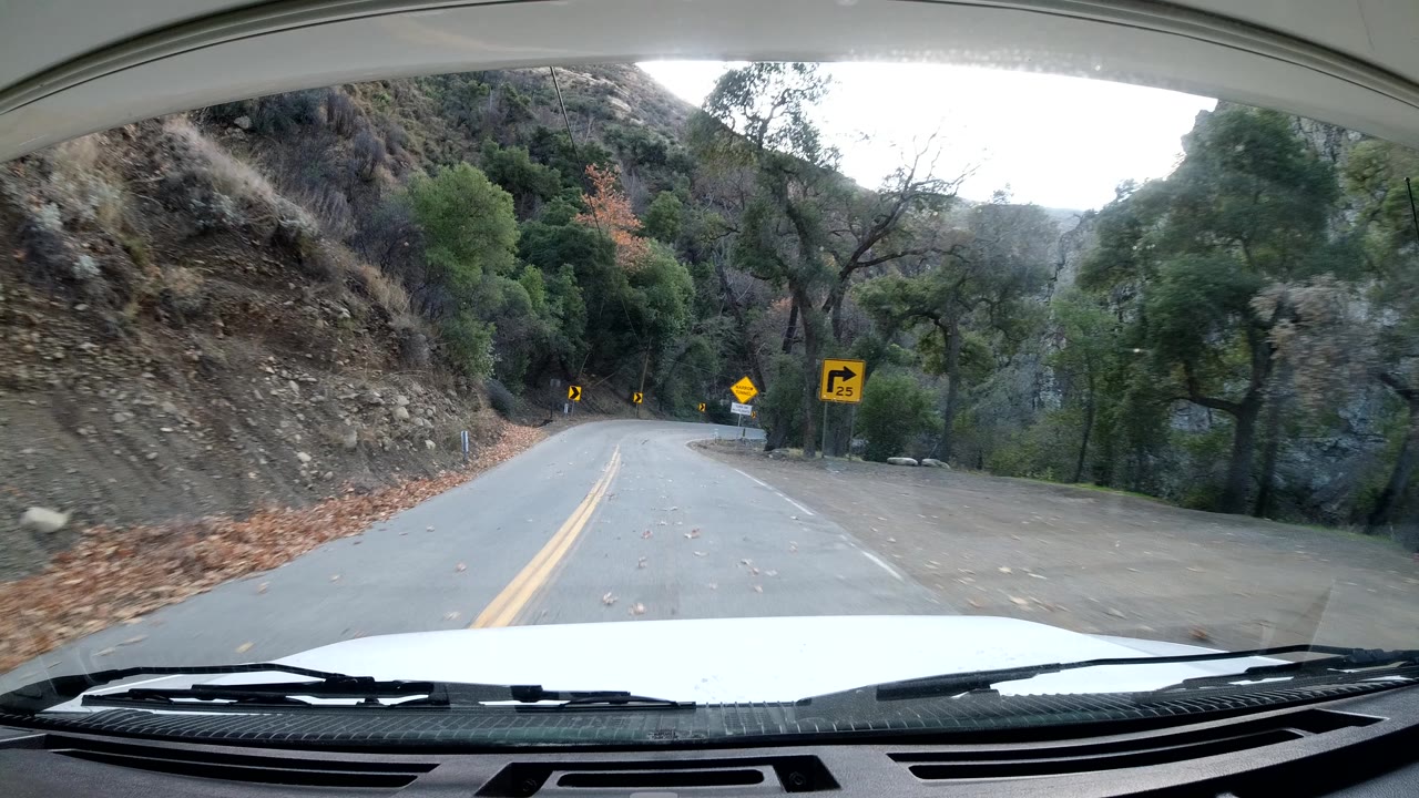 Dashboard view of a two-lane road curving through trees and hillsides.