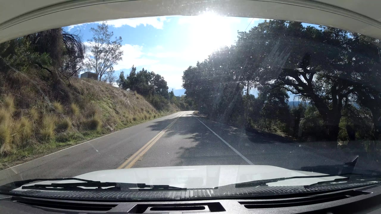 Vehicle POV on a curving two-lane road with trees, hillside brush, and strong sun glare.