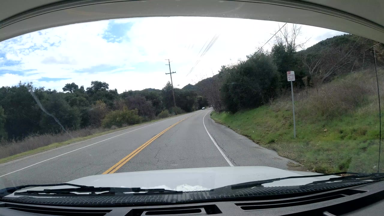 Forward view on a curving Malibu, California road bordered by grass, shrubs, utility poles, low hills, a roadside sign, and no visible people.