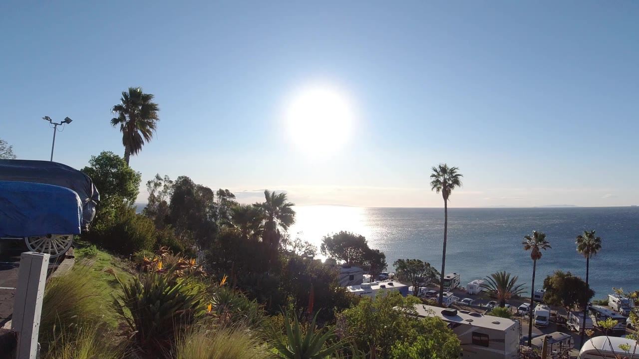 Bright sun hangs above the ocean in Malibu, California, with palm trees, hillside greenery, a blue structure at left, parked vehicles below, and no visible people.