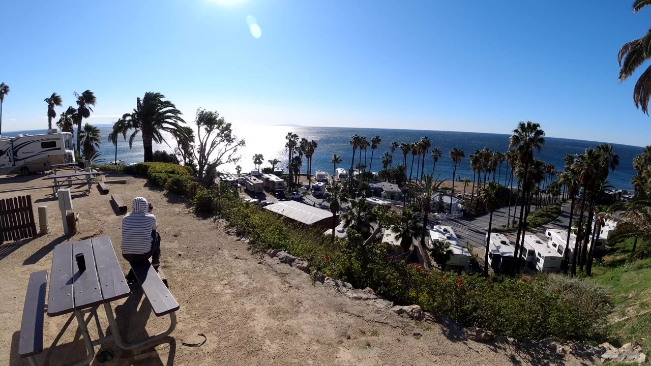 A person in a striped hood walks away from the picnic table at the Malibu overlook, with a line of palms, white rooftops, parked vehicles, and blue ocean beyond.