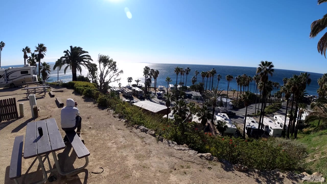 Person seated near picnic table overlooking palms and ocean