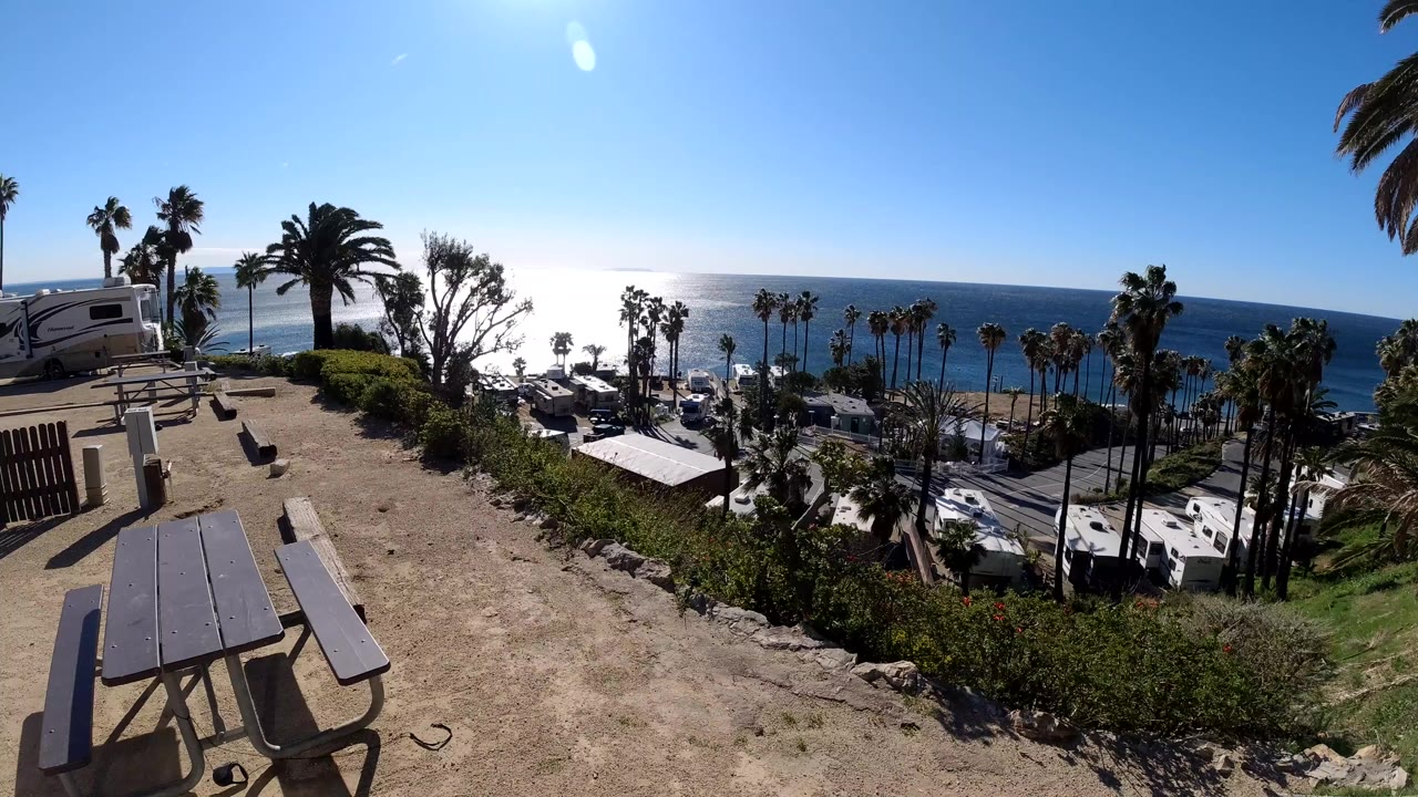 Sunny ocean overlook with palms, RV parking, and picnic table
