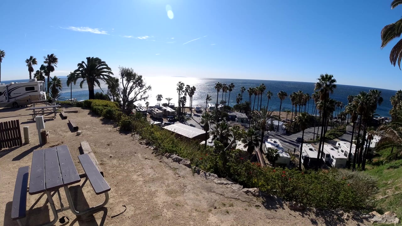 Elevated Malibu view with a picnic table in the lower frame, palms bending near RVs, the ocean stretching across the background, and no visible people.
