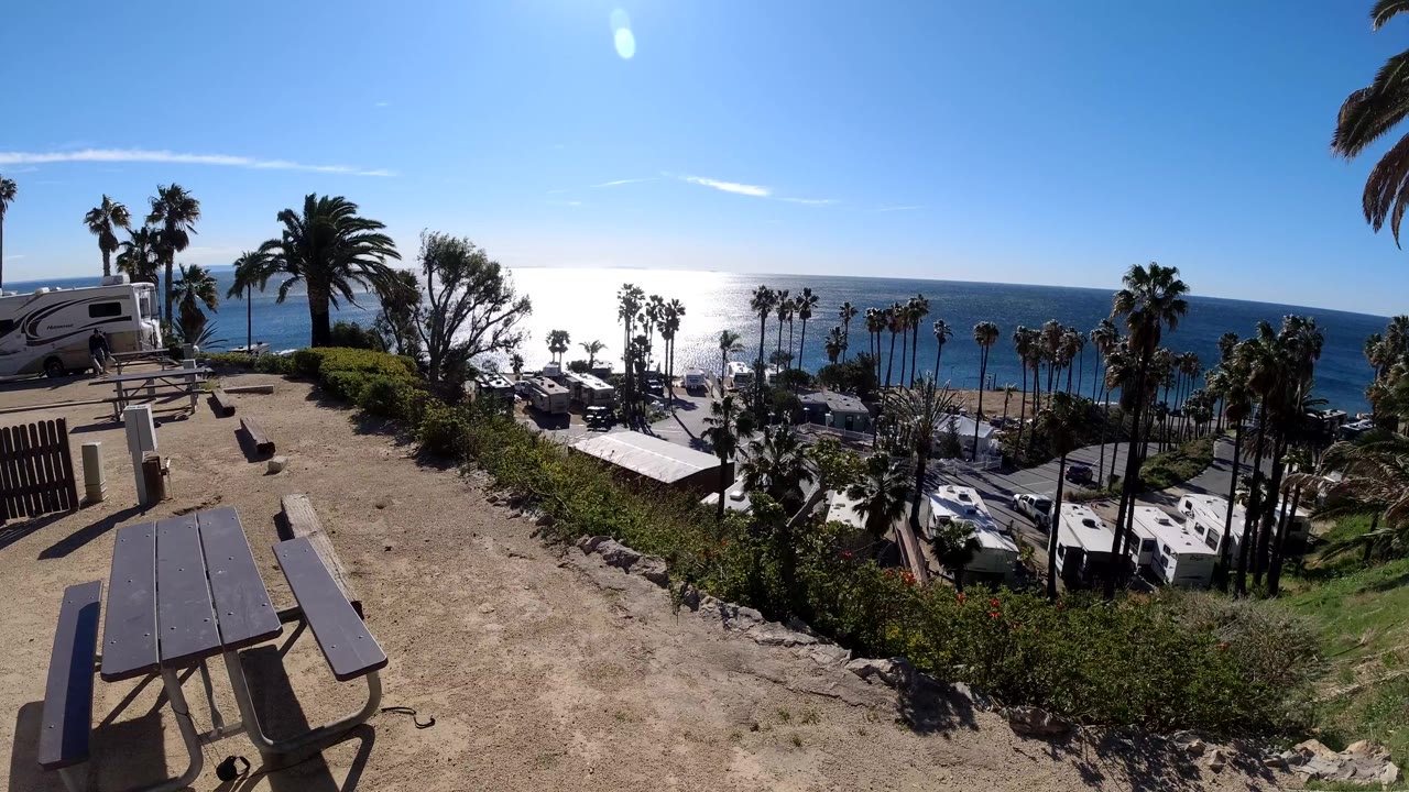 Wide Malibu overlook view with a picnic table in the foreground, palms and parked vehicles below, bright ocean glare, sandy beach, clear blue sky, and no visible people.