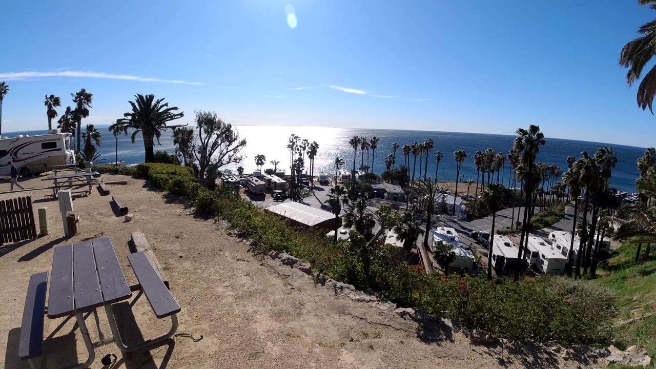 Wide Malibu frame with an RV on the left edge, palms standing between the overlook and beach parking, a dark blue ocean horizon, strong water reflection, and no visible people.