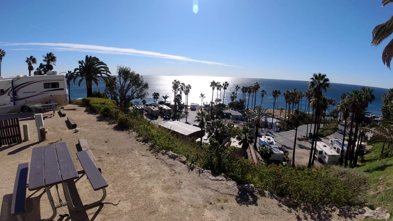 Picnic table and RV above a palm-lined road facing the ocean.