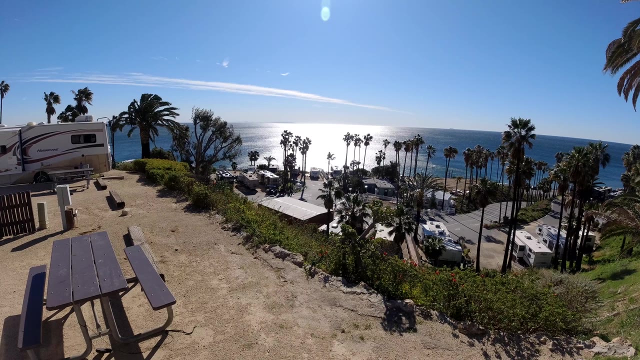 Picnic tables and RV above palm-lined ocean shoreline.