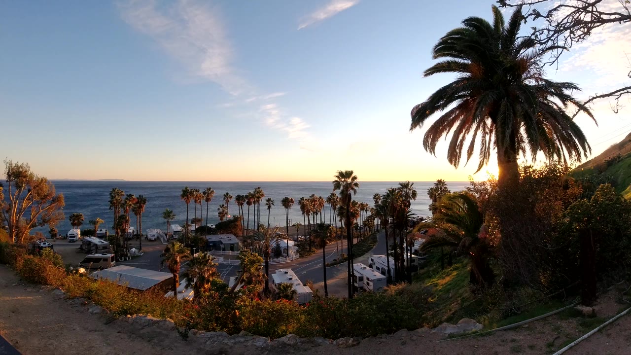Malibu, California view with a broad sky, dark palm silhouettes, clustered roadside buildings, distant ocean, and no visible people.