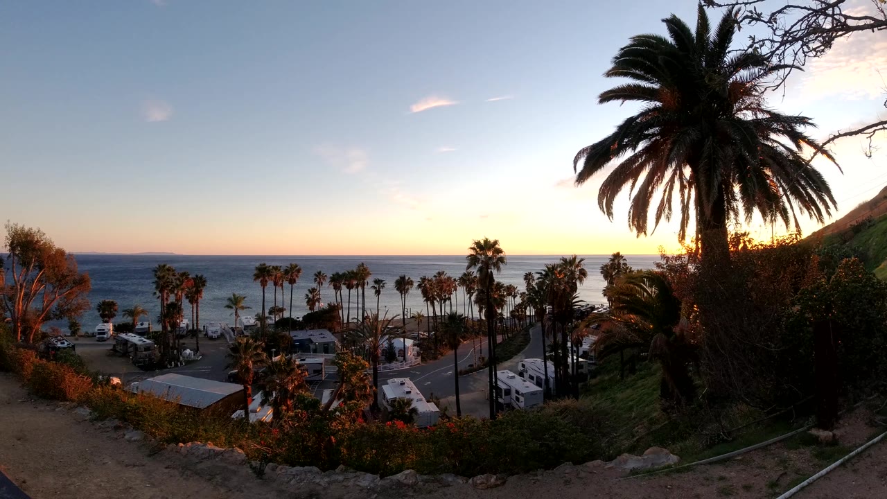 Malibu coast at 0:02 seen from a dirt overlook, with a dark foreground palm, hillside vegetation at right, parked vehicles below, ocean beyond, and no visible people.