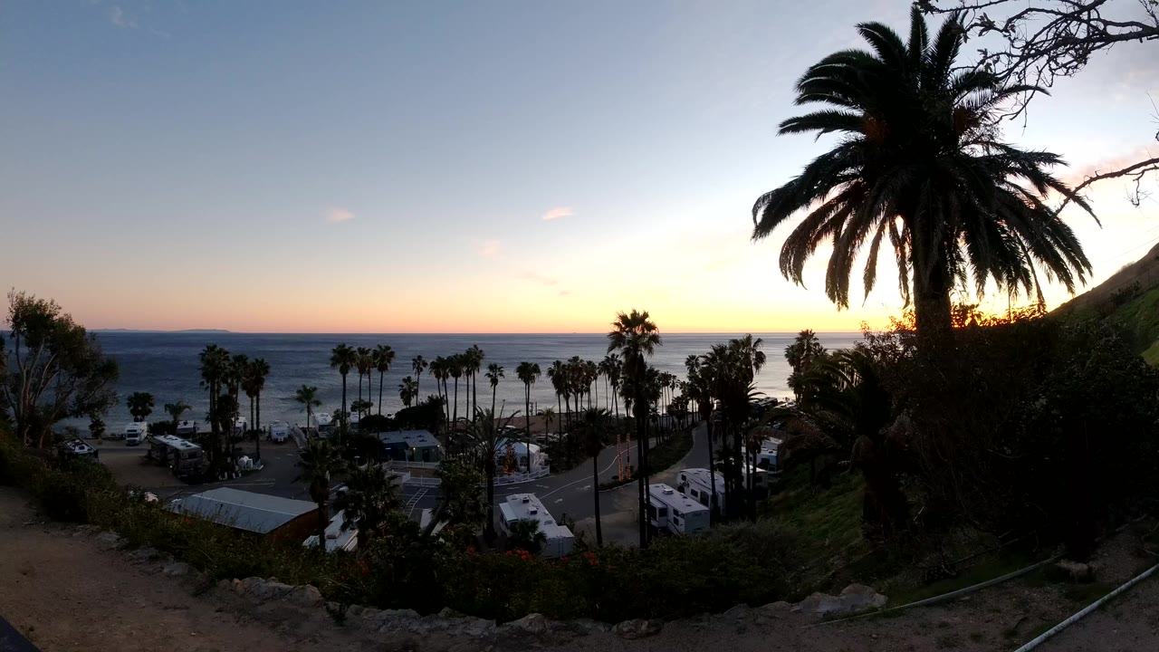 Malibu, California coastal view with a dark palm canopy at right, rows of palms below, low beachside buildings, parked vehicles, ocean water, and fading sunset color.