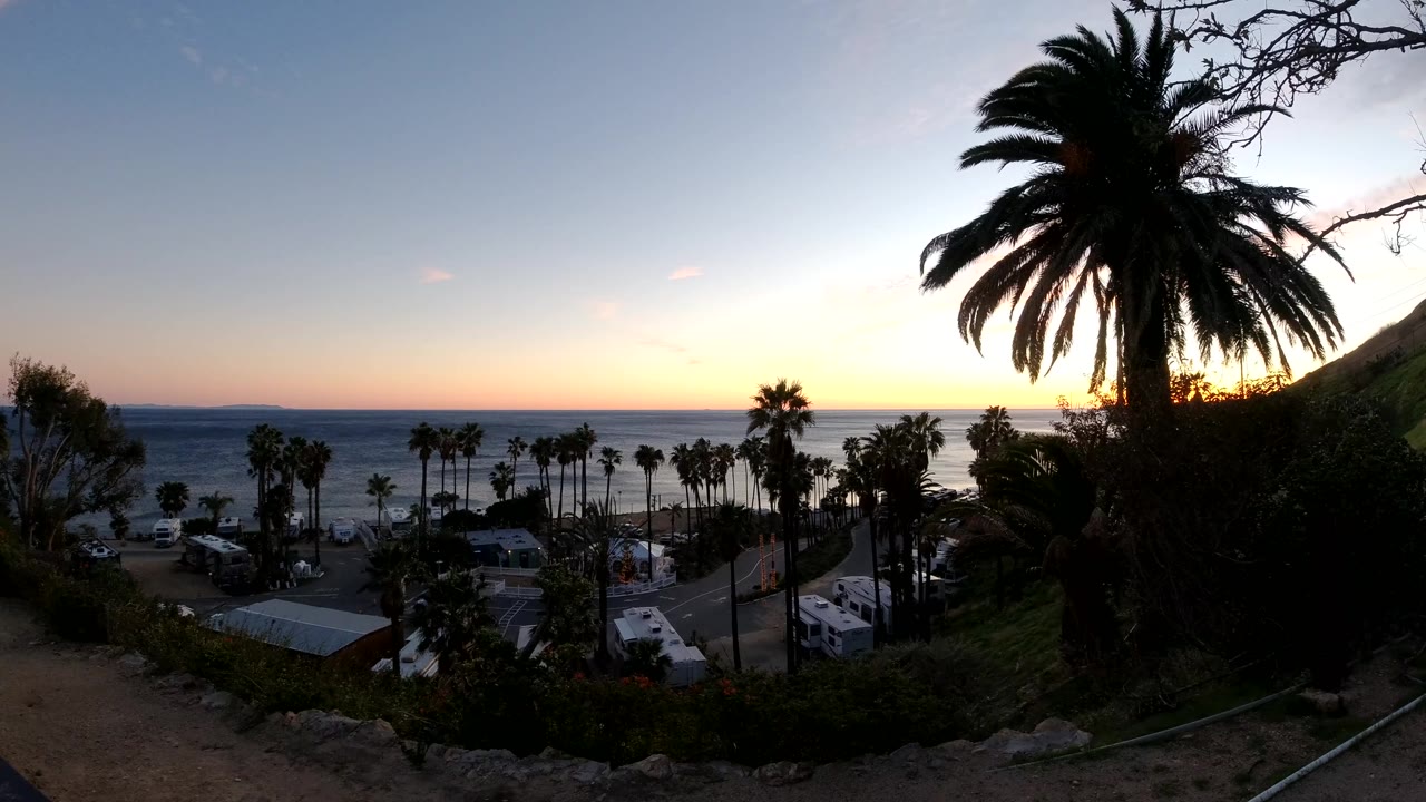 Malibu, California beachside scene with a large right-side palm in silhouette, clustered palms near the shore, visible rooftops and vehicles below, and blue-to-orange sunset sky over the ocean.