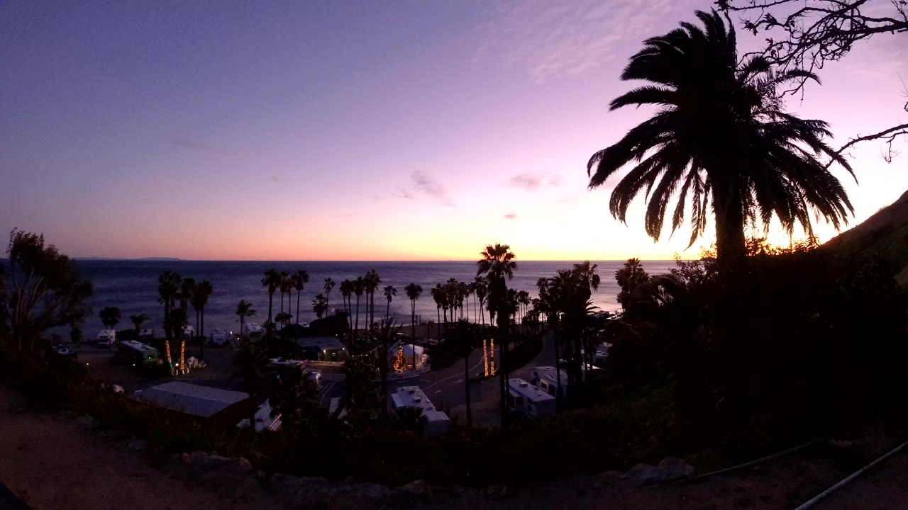 Malibu dusk frame with the orange band lower on the horizon, dark palms across the lower shoreline, a large palm at upper right, and no visible people.
