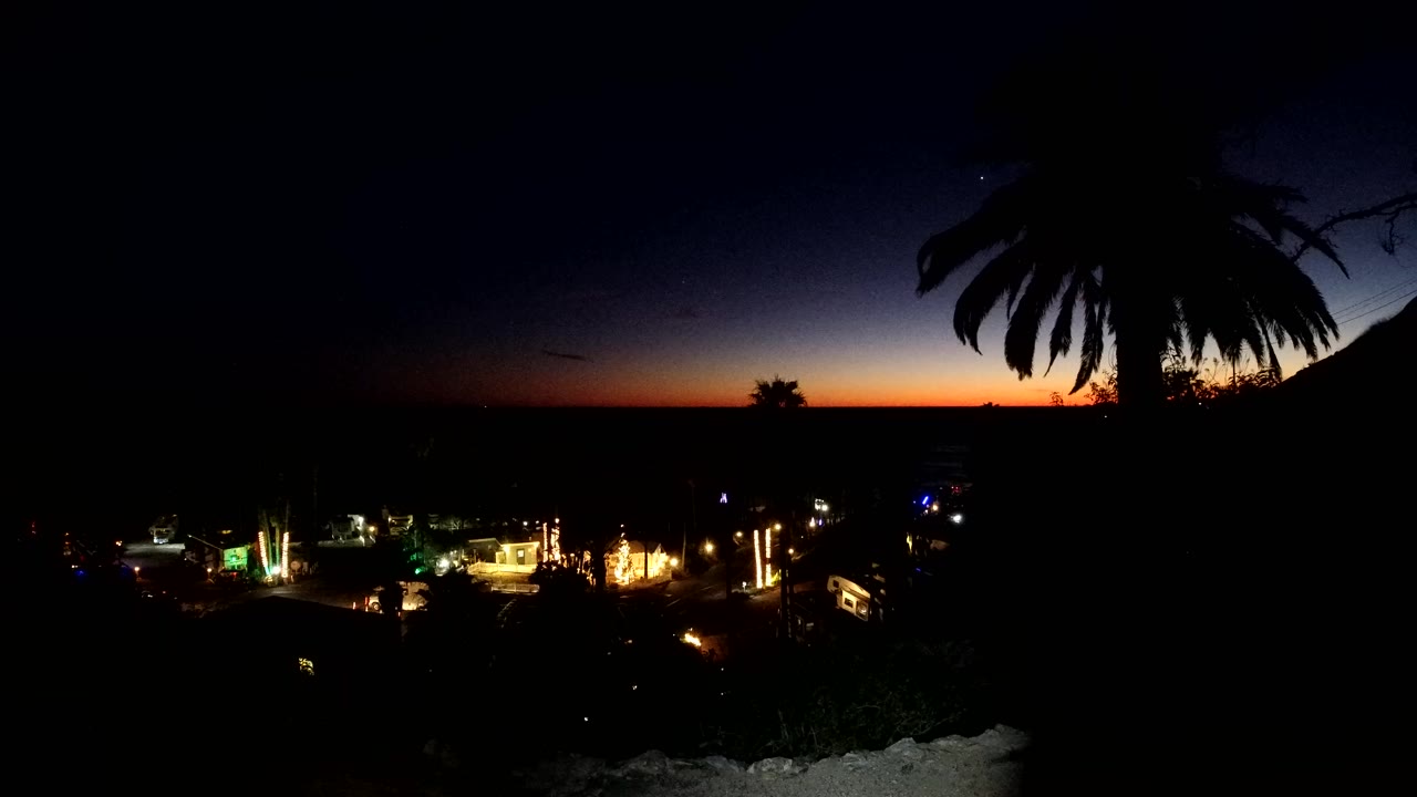 Malibu, California dusk view with an orange horizon, scattered city lights below, a large palm silhouette at upper right, pale surf at the bottom, and no visible people.