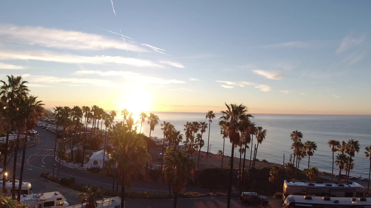 Malibu, California coastline at sunset with the sun partly filtered by palms, a blue ocean horizon, roadside vehicles, and no visible people.