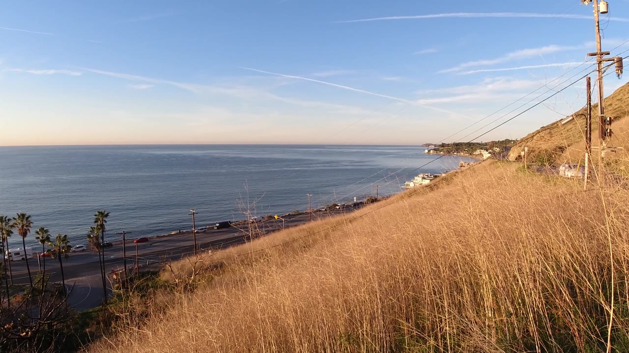 Malibu frame at 0:02 showing sunlit dry grass dominating the lower right, a blue ocean expanse to the left, a coastal road and palms below, and no visible people.