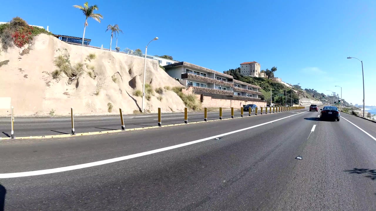 Malibu, California road scene with a pale retaining wall, hillside buildings, palm trees, bollards, cars ahead, and no clearly visible people.