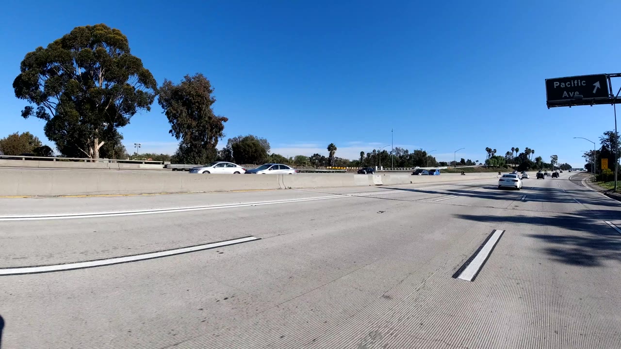 Open freeway lanes with cars and a large tree beside the road