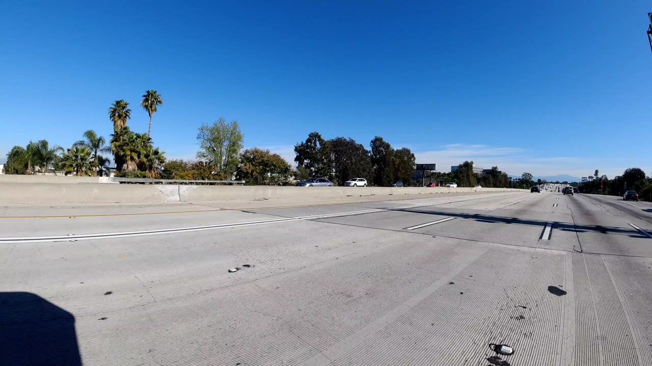 Malibu, California freeway view with broad concrete lanes, lane reflectors, palm trees behind the divider, bright blue sky, and no visible people.