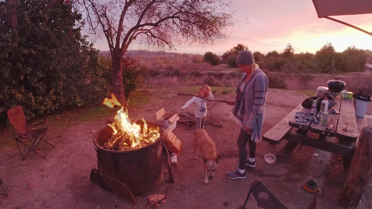 In San Clemente, California, the child extends an arm near the tan dog as the older woman stands beside the fire pit and picnic table at dusk.