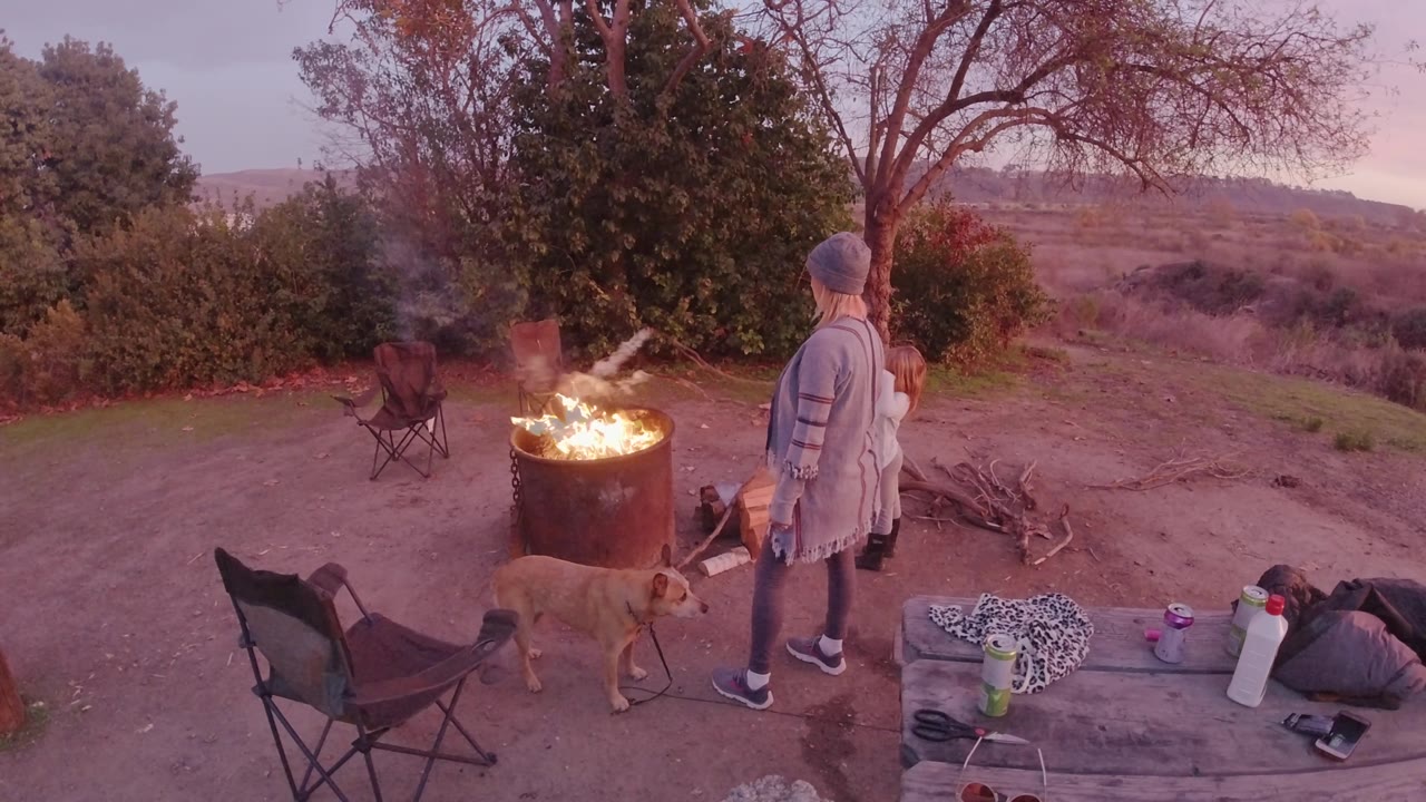 Woman and child beside smoking campfire with dog in foreground.