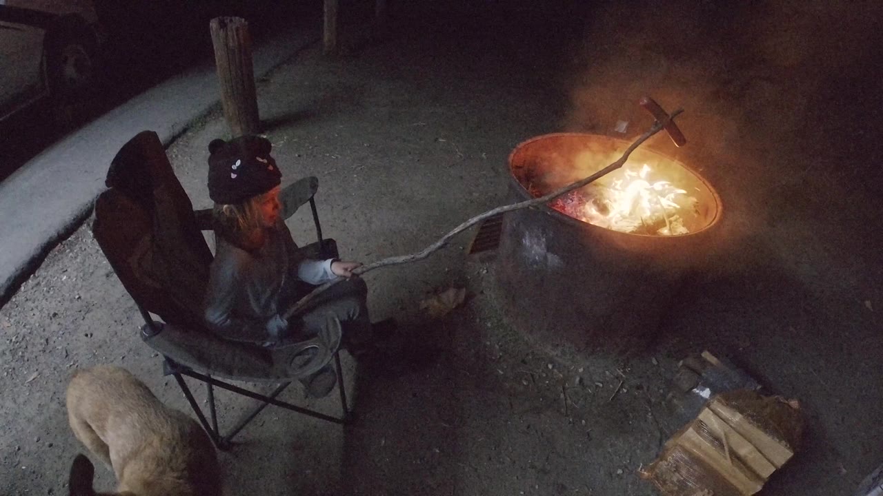 Overhead view of a woman by a fire pit with a dog at the lower edge.