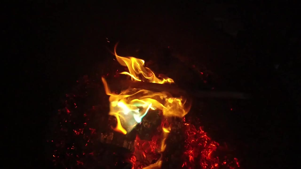 Bright flame curling above blackened wood and glowing embers.
