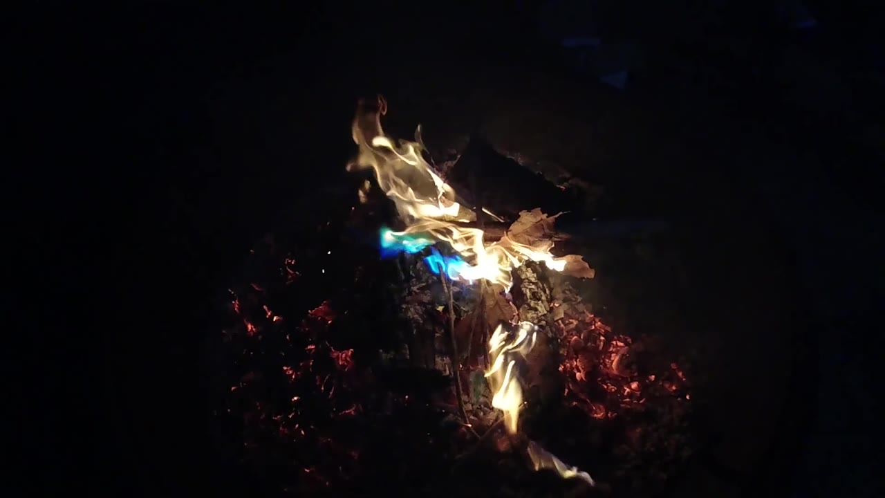 Blue flame appears beneath yellow flames on the burning wood, with red embers clustered below and no visible people.