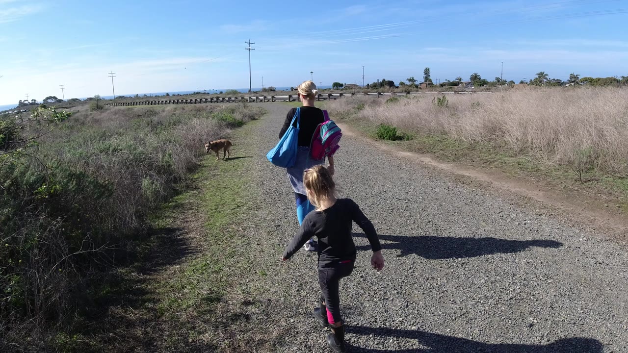 In San Clemente, California, a woman and young girl walk away down a gravel dirt road while a brown dog moves through the grass at left.