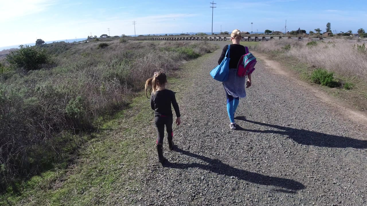 The woman and child continue away from camera on the gravel track, with the dog near the left shoulder and brushland filling both sides.