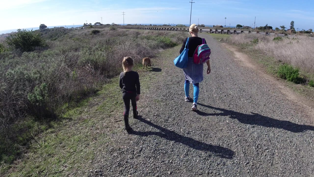 Rear view of woman and child walking beside scrub vegetation.