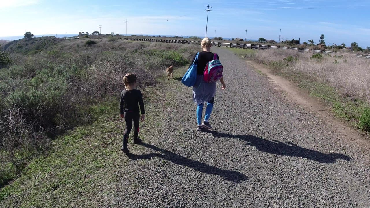 A woman carrying blue and pink bags walks with a child behind a small dog on a gravel path in San Clemente, California, with brush and utility poles ahead.