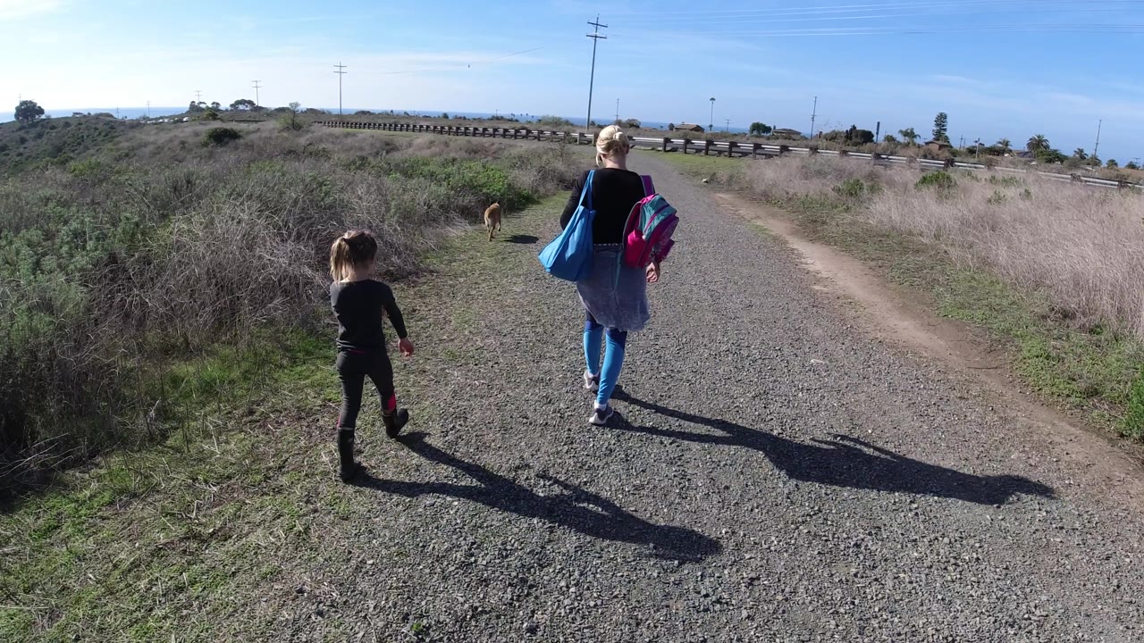 A child steps forward on the left edge of the path while the woman moves ahead on the right in San Clemente, California, and the dog stays near the brush.