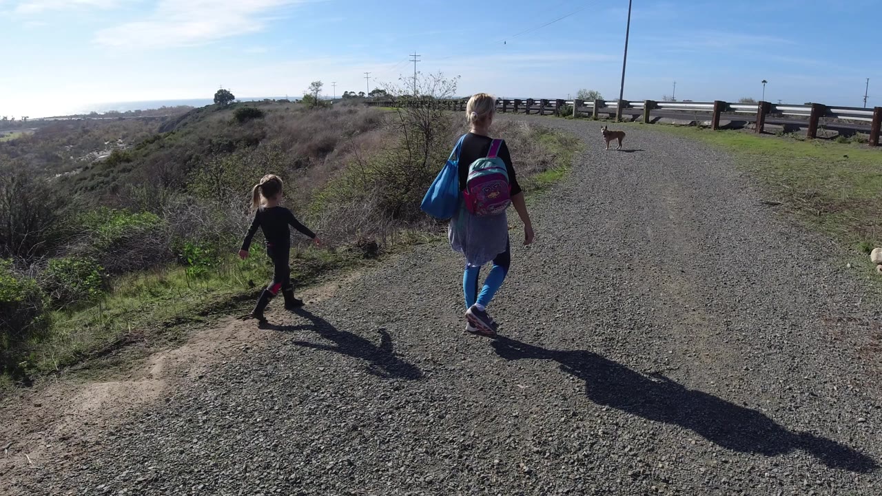 Two people walk away on a gravel trail in San Clemente, California, with a brown dog farther up the path, scrub brush to the left, and a roadside barrier to the right.