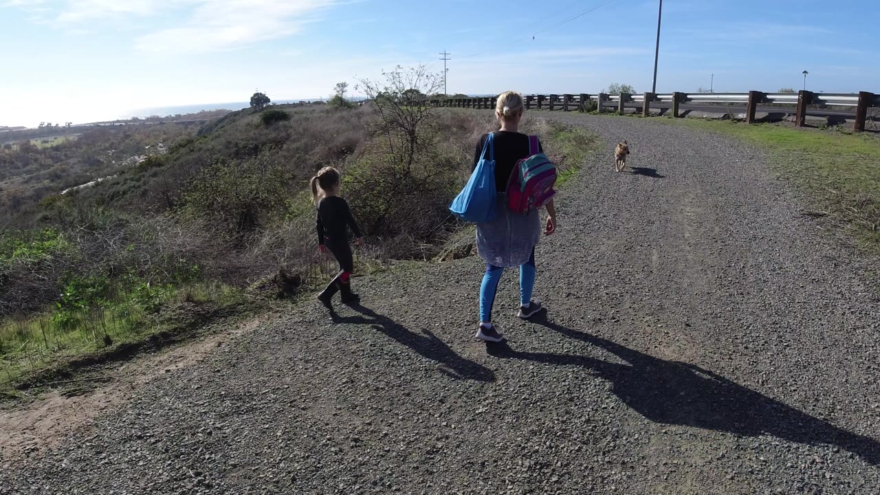 Adult and child pause or slow on the gravel trail while a dog approaches from ahead.