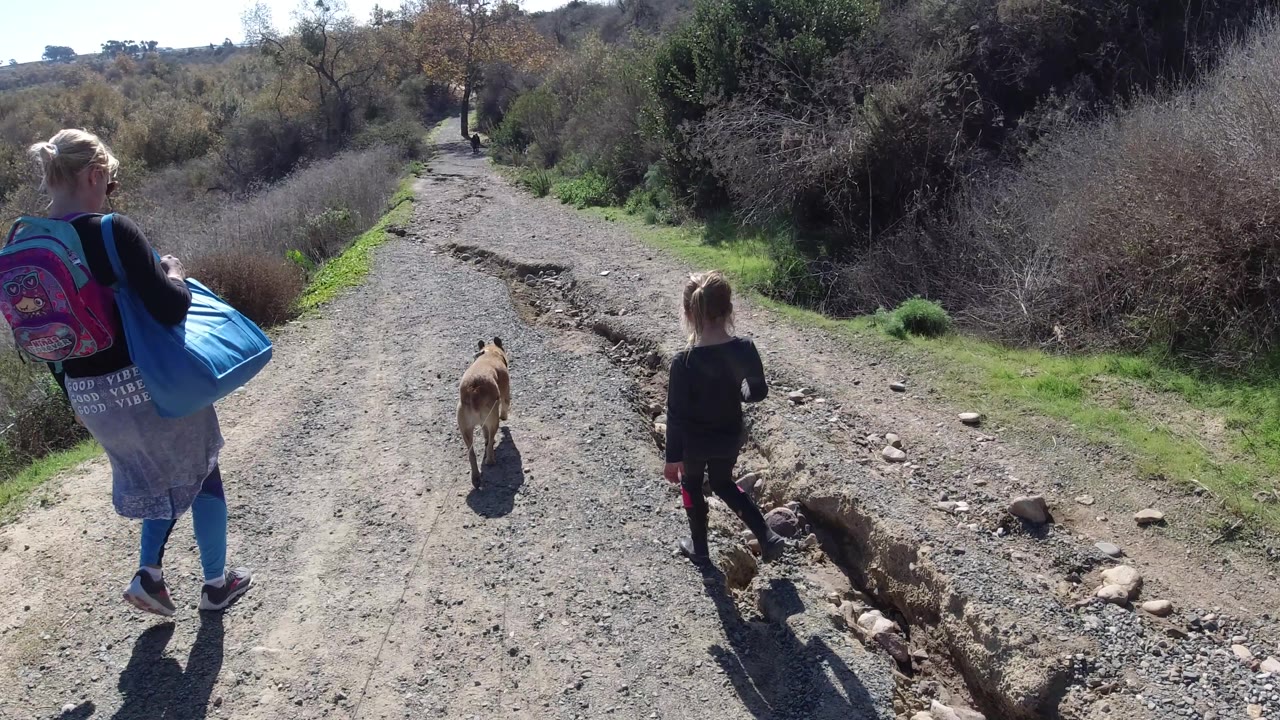 The child and tan dog move farther ahead of the woman on the uneven San Clemente path, with dry brush on the right and green grass along the road edge.