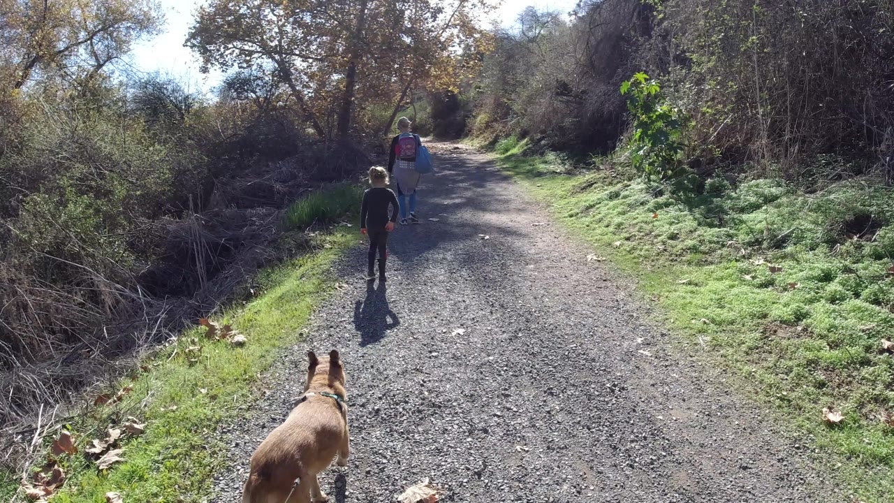 At 0:02, the child is centered farther up the San Clemente trail, the woman is ahead, and the small tan dog is partially visible at the bottom edge.